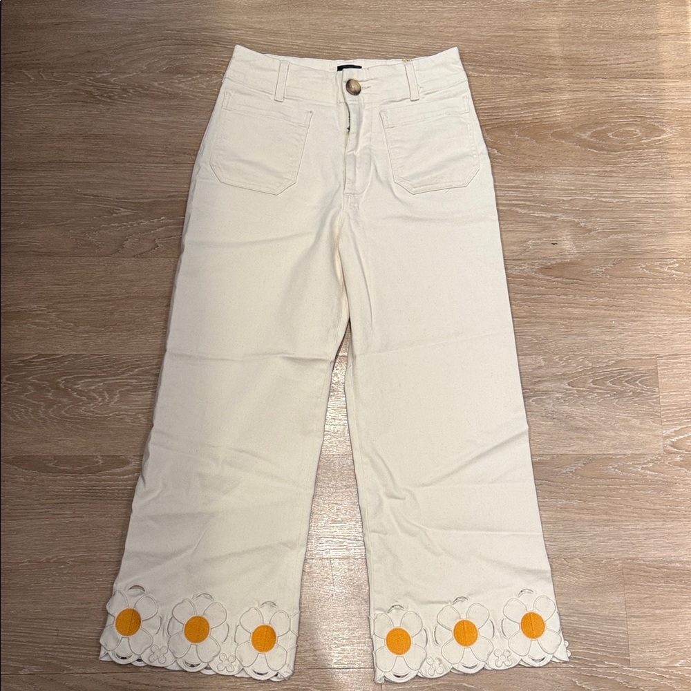 Maeve Cream Jeans with Orange Floral Accents